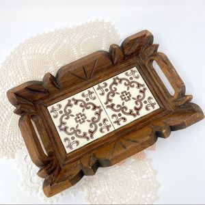 Vintage Wooden And Ceramic Tile Serving Tray